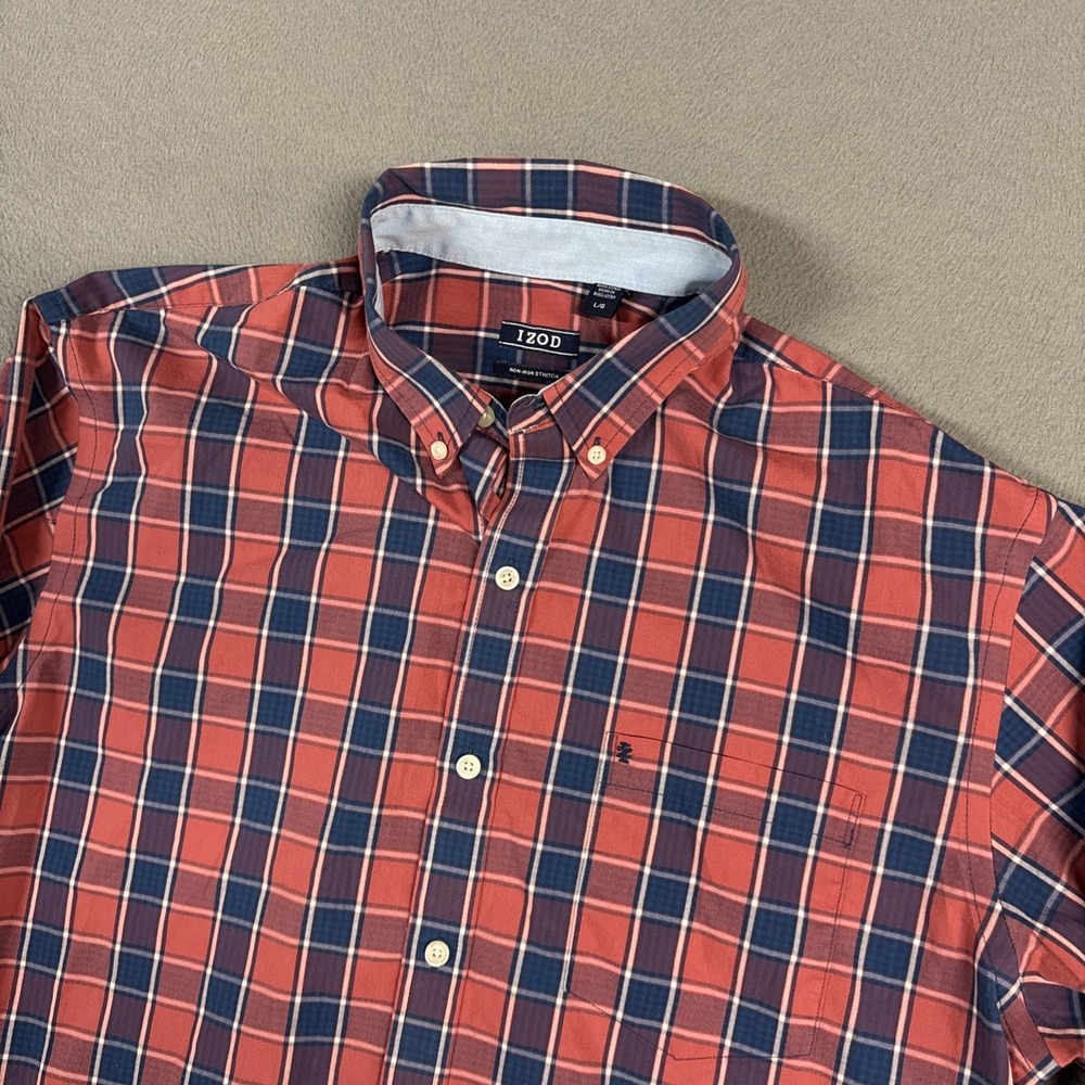 Izod Shirt Mens Large Red Blue Check Non Iron Stretch Long Sleeve Button Down